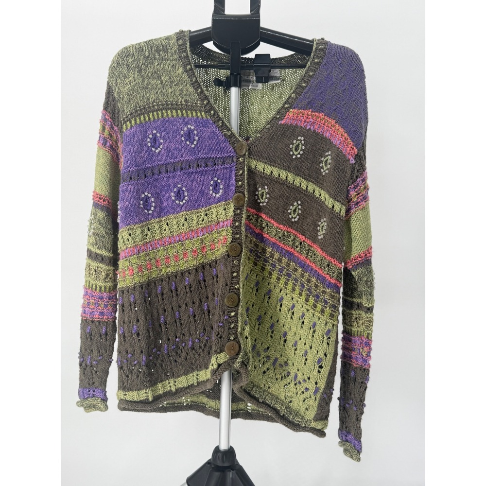 Sigrid Olsen Sport Hand‎ Knit Grannycore Boho Patchwork Cardigan Sweater 1X 90's